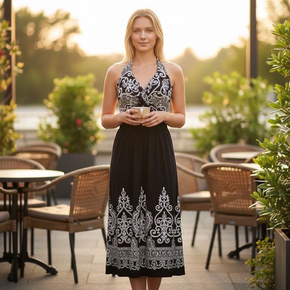 Soma Black White Damask Print Halter Handkerchief Hem Midi Dress XS